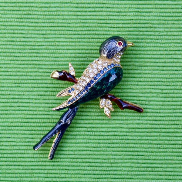 Vintage Woodland Blue and Gold Bird Brooch with Rhinestones and Enamel