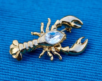 Vintage Gold Lobster Brooch with Swarovski Rhinestone