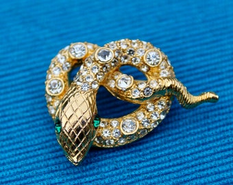 Vintage Gold Snake Brooch with Swarovski Rhinestones