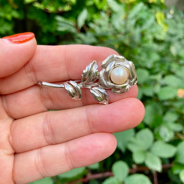 Vintage Silver Rose Brooch with Pearl