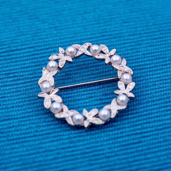 Vintage Pearl and Silver Floral Wreath Brooch