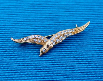 Vintage Gold Seagull Brooch with Rhinestones