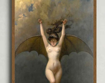 The Bat Woman Canvas Print Albert Joseph Penot Vinrage Art Vampire Modern Art Goth Décor Wings Reproduction Gothic Dark Nude Woman Retro