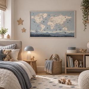 May include: A rectangular wall art print featuring a world map in shades of beige and blue, displayed in a light wood frame. The map includes illustrations of animals, ships, and compass roses, with a mountain range silhouette at the bottom.
