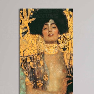 May include: A painting of a woman with long dark hair and a gold necklace. She is wearing a flowing white dress and is surrounded by a golden background with intricate patterns.