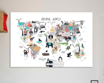 Kids world animal map Children art prints World map illustration World map print for kids Animal world map Children's Room Decor Nursery Map