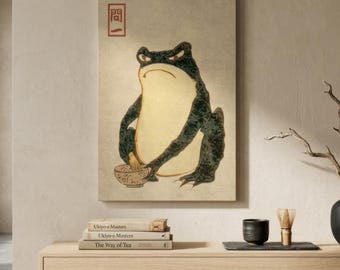 Japanese Frog Wall Art, Vintage Frog Print, Japandi Animal Canvas, Minimalist Asian Wall Decor, Cute Frog Poster, Zen Artwork