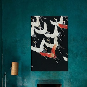 Furisode with Flying Cranes Canvas Print – Japanese Fine Art Wall Decor | Vintage Crane Kimono Illustration | Exotic Bird Wall Art Poster