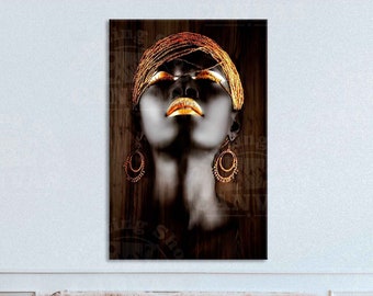 Afrikaanse zwarte vrouw kunst aan de muur Sexy etnische Afrikaanse meisje vrouwelijk gezicht kunst gouden lippen Afro-Amerikaanse kunst afrocentrische decor donkere achtergrond