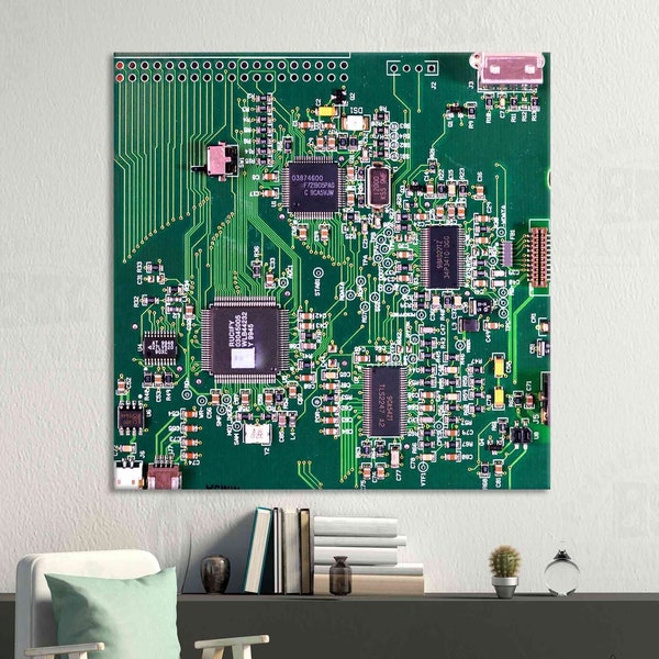 Square motherboard canvas or paper print Circuit board large wall art Computer science electronic High tech multi panel home Framed decor