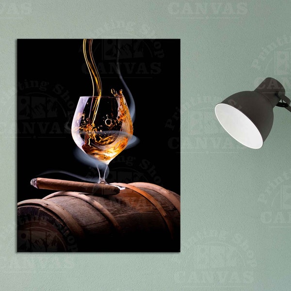 Cigar and Bourbon Canvas print Glass of whiskey Wall Art Smoking Cigar decor Bar wall decor Alcohol Drinks art prints Barrel of whiskey
