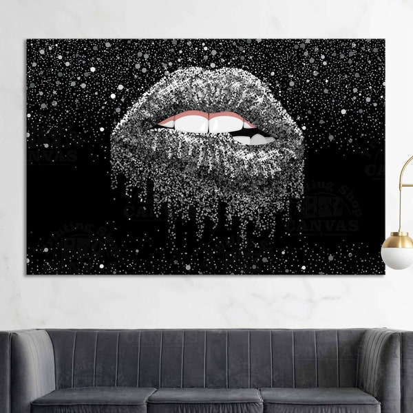 Silver Glitter imitation Lips Glitter imitation  Lips Lip Art Fashion wall art Fashion Lipstick Bedroom Makeup wall art Lipstick wall art