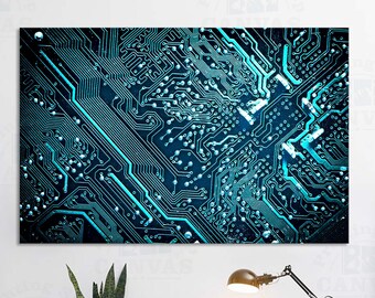 Motherboard canvas print Circuit board large wall art Computer science electronic Techie Gift Contemporary Blue Decor Framed printed