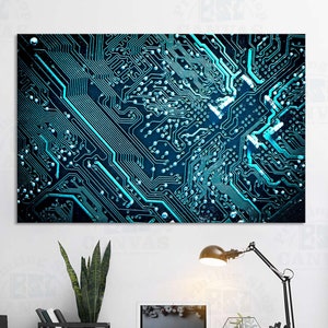 Motherboard canvas print Circuit board large wall art Computer science electronic Techie Gift Contemporary Blue Decor Framed printed