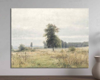 Vintage Field Landscape Canvas Print: Rural Meadow Wall Art