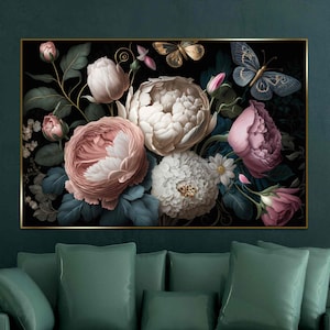 Naturaleza muerta con flores Bellas artes Peonías blancas y rosas Impresión en lienzo Jarrón de flores Decoración vintage Arte floral de pared Ramo de flores Póster