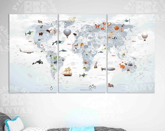 Animal world map for kids room print, Children's room decor Educational print Decoration wall kids, Nursery map wall art Animal lovers print