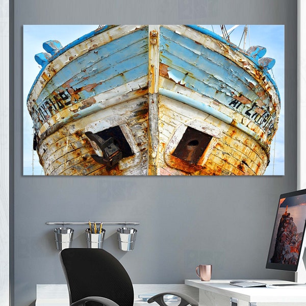 Rusty shabby wooden boat vintage picture canvas or poster print Mediterranean ship beach coastal wall art home Nautical large decoration