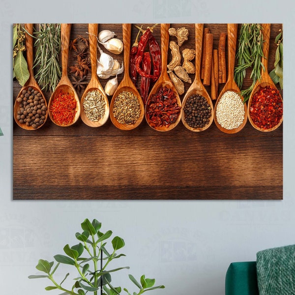 Indian spices in wooden spoons wall art kitchen Colorful herbs dining room Home extra large decoration print canvas or paper poster