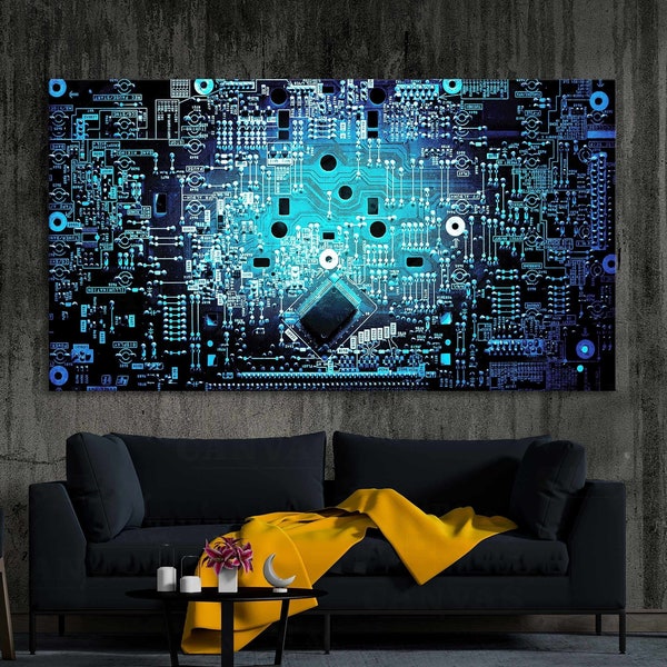 Motherboard canvas or paper print Circuit board large wall art Computer science electronic blue multi panel home decoration Framed printed