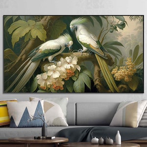 Stampa artistica da parete "Paradiso tropicale" Splendida opera d'arte raffigurante un pappagallo in una foresta lussureggiante con bellissimi fiori, poster su tela o carta