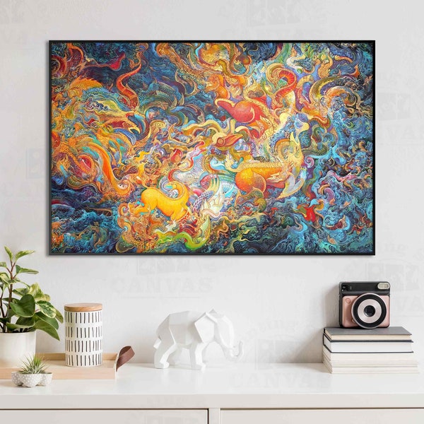 Reproduction Painting of the Mythical Creatures Canvas Print Traditional Thai Art Decor Abstract Bright Wall Decoration Dragon Thailand