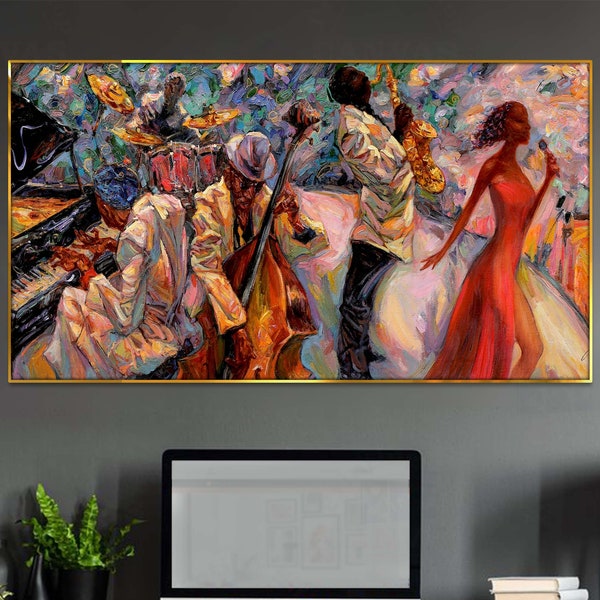 Black jazz singer band African American art Music Canvas or poster print framed Large wall decor Abstract painting style Musician saxophone