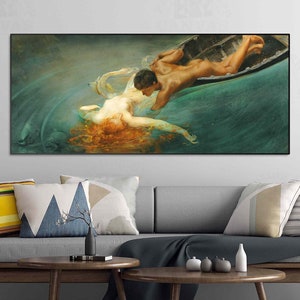 Póster de lienzo o papel de La Sirena del Abismo Verde, Giulio Aristide Sartorio, reproducción de arte mural, tema mitológico.