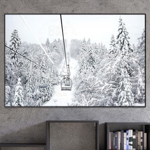 Snow landscape canvas or poster print Winter Photo Ski Cabin Lift multi paneled framed Holiday Chalet Snowy Scene Trees wall art decoration