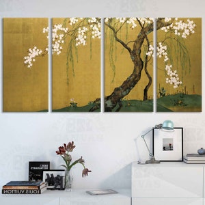 Cherry and Maple Trees Canvas Print, Sakai Hoitsu Flower tree Sakura Panel Set wall art, Classical Japanese art canvas large japan bed frame