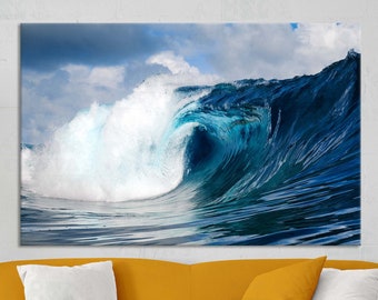 Navy blue big wave  Hawaiian surf wall art canvas or poster print Turquoise ocean photo Beach Breaking Wave Coastal home office decor
