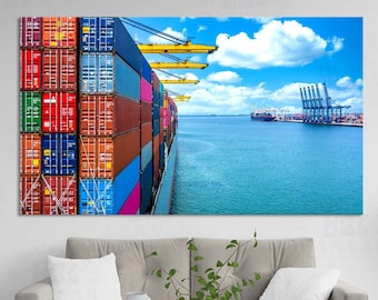 Container ship canvas framed or poster print Business Cargo ships with containers Nautical vessel Turquoise ocean coastal view blue sky art