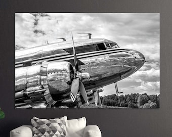 Vintage metal airplane canvas or poster print Black and white retro photography Boys room office man cave decor Aviation wall art framed