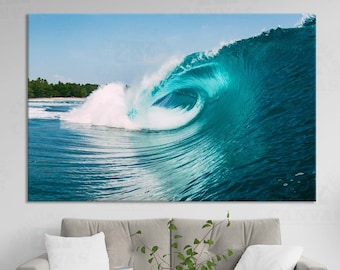 Navy blue big wave  Hawaiian surf wall art canvas or poster print Turquoise ocean photo Beach Breaking Wave Coastal home office decor