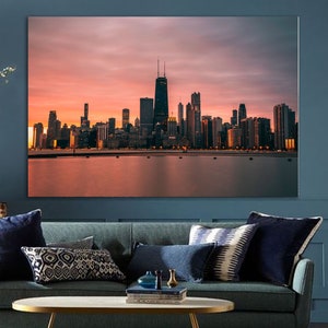 Chicago canvas print, Set panel Chicago City, Chicago wall art living room wall decor, Chicago Poster, Chicago Skyline Harbor at Sunset