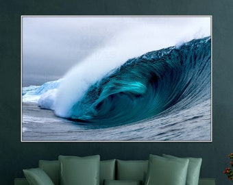 Вig wave canvas or poster print Hawaiian surf wall art Beautiful ocean photo Beach Breaking Wave Coastal home decor Navy blue wave wall art