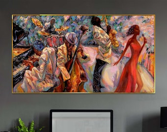Black jazz singer band African American art Music Canvas or poster print framed Large wall decor Abstract painting style Musician saxophone