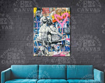 Orlco Art Graffiti Art Street Style Canvas Banksy Graffiti Painting Einstein Chaplin Post Pink Heart Art Prints Street Urben Painting Art Red Colorful 36 X 24