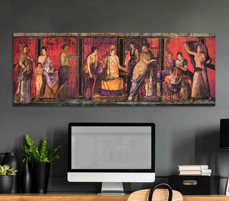 May include: A vintage painting depicting a group of people in a red room. The figures are dressed in colorful robes and appear to be engaged in a conversation. The painting is framed in a gold frame.