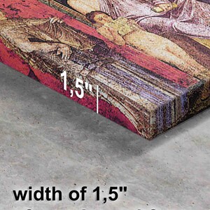 May include: Close-up of the edge of a canvas painting with a 1.5" wide wooden subframe. The painting depicts a scene with multiple figures in a colorful, abstract style.