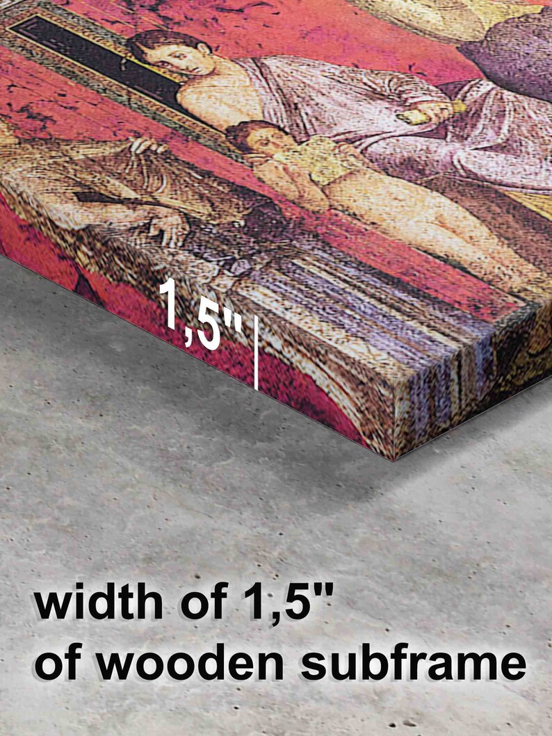 May include: Close-up of the edge of a canvas painting with a 1.5" wide wooden subframe. The painting depicts a scene with multiple figures in a colorful, abstract style.