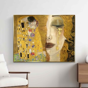 The Kiss and Tears, Gustav Klimt, reproduction art canvas print, romantic art, home decoration famous love paintings, artistic classic art
