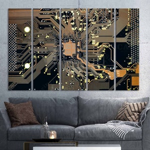 May include: A close-up of a circuit board with intricate copper traces and gold-colored components. The board is divided into five sections, creating a multi-panel effect. The background is black, highlighting the intricate details of the circuitry.