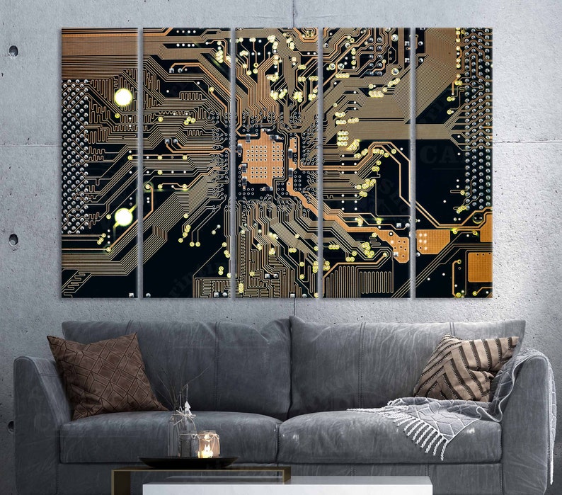 May include: A close-up of a circuit board with intricate copper traces and gold-colored components. The board is divided into five sections, creating a multi-panel effect. The background is black, highlighting the intricate details of the circuitry.