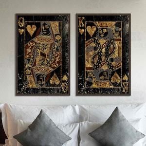 Juego de cartas de rey y reina, arte en lienzo para él y para ella, arte de pared, decoración de sala de juegos, grandes tarjetas vintage, impresión de pareja sobre cama, decoración enmarcada