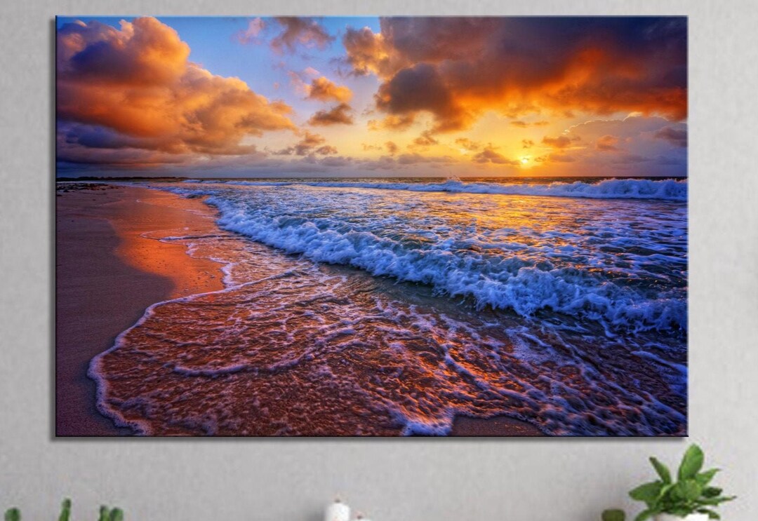 Orange Sunset Beach Ocean Waves Blue Sea Wall Art Sky Watercolor ...