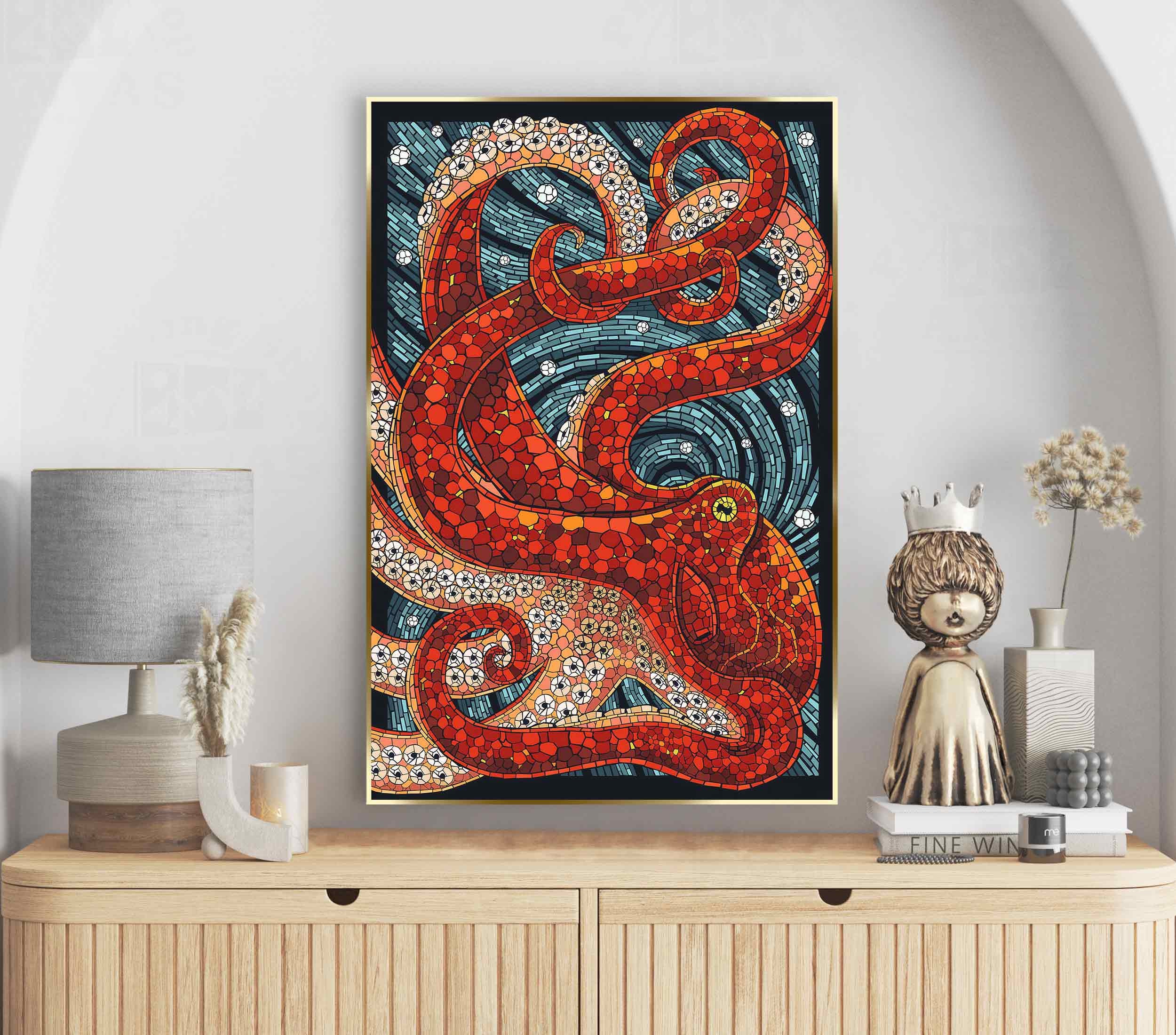 Red Octopus Mosaic Print on Canvas, Asian Art Living Room Decor