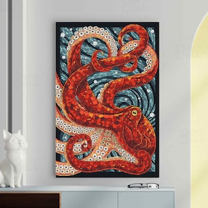 Red Oktopus Mosaik Druck auf Leinwand, asiatische Kunst Wohnzimmer Dekor hängen bereit Papiermosaik Nachdruck Oktopus Liebhaber Geschenk zeitgenössische Wandkunst