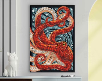 Red Octopus Mosaic Print on Canvas, Asian Art Living Room Decor Hang Ready Paper Mosaic reprint octopus lover gift  contemporary wall art