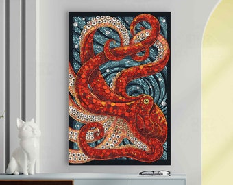 Red Octopus Mosaic Print on Canvas, Asian Art Living Room Decor Hang Ready Paper Mosaic reprint octopus lover gift  contemporary wall art